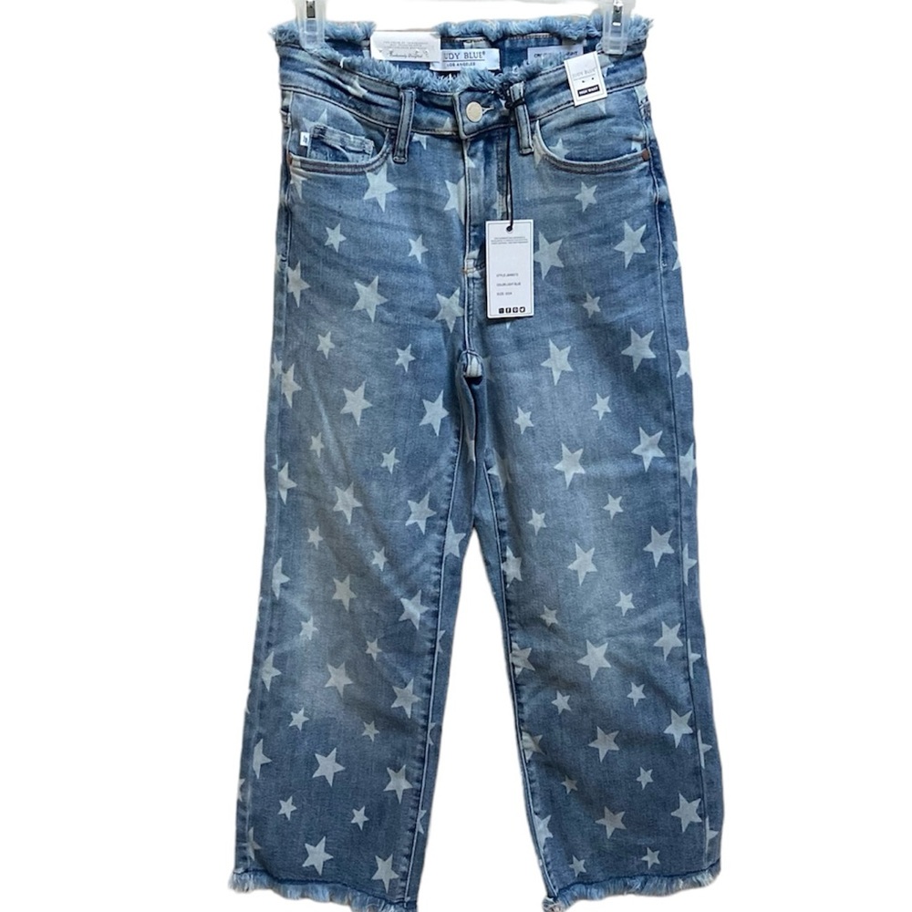 Judy blue star patterned cropped straight fringed blue jeans